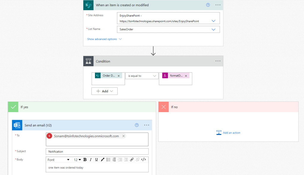 Condition if date today is equal to date on SharePoint list