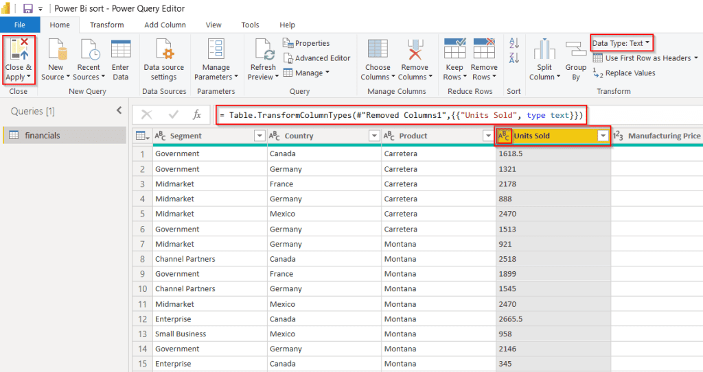 convert the number to text in a column in Power query editor