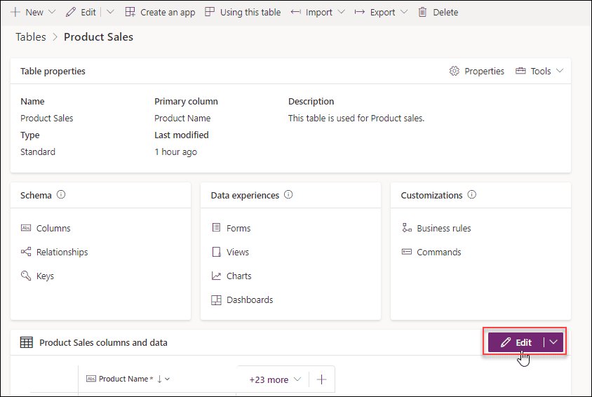 Create a Dataverse table from