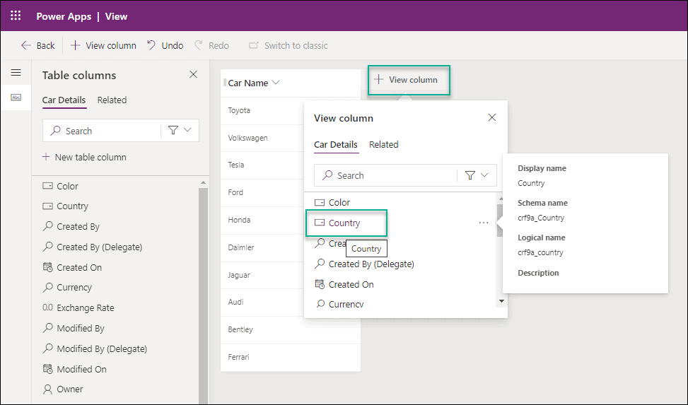 Create a view in Dataverse table