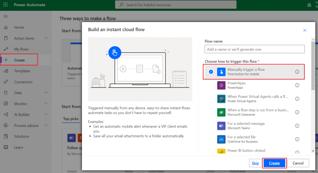 Create an instant flow on Power Automate