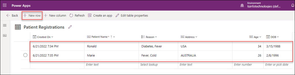 Create an item in Dataverse Table