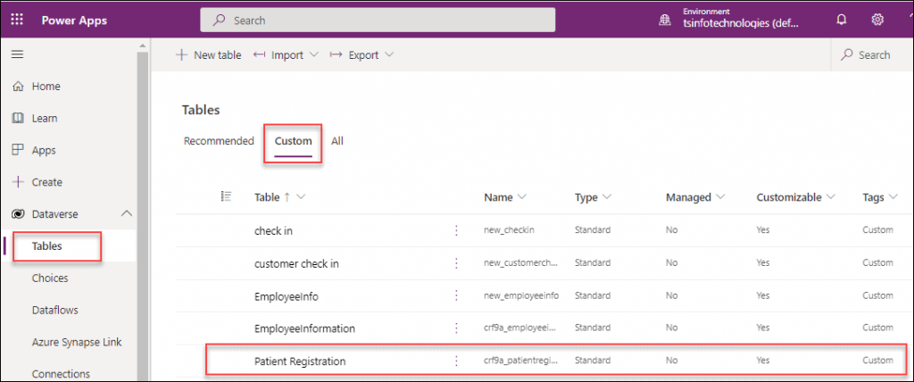 Create custom table in Dataverse