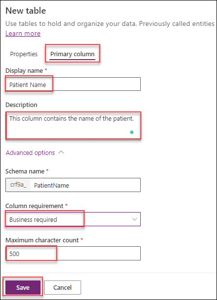 Create custom table in Microsoft Dataverse