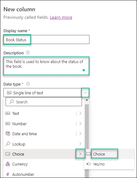 Create Dataverse Choice Column