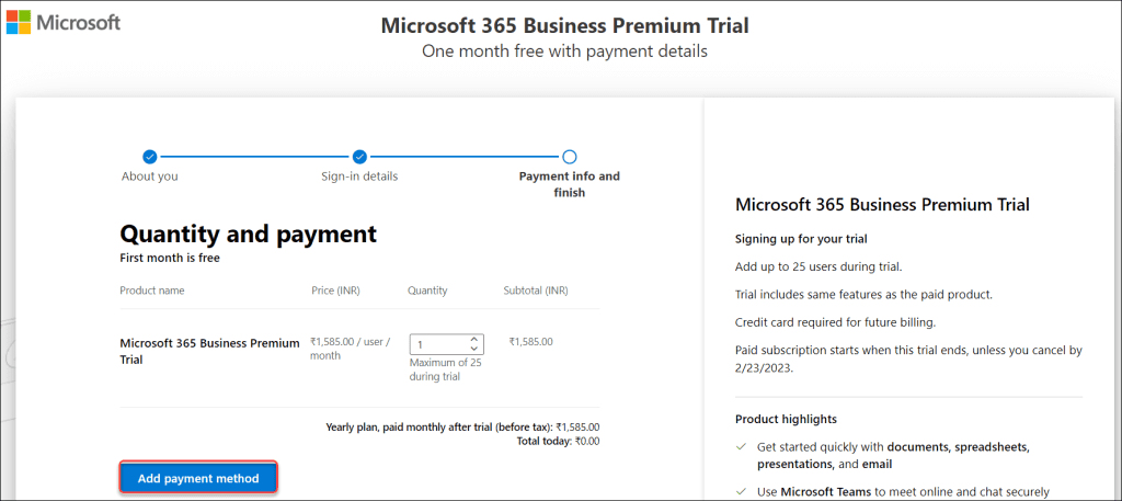 Create office 365 trial account