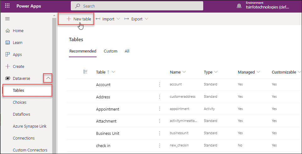 Create table from excel in Dataverse