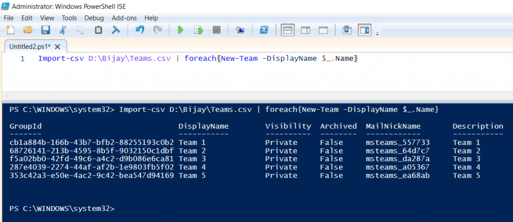 create teams powershell csv