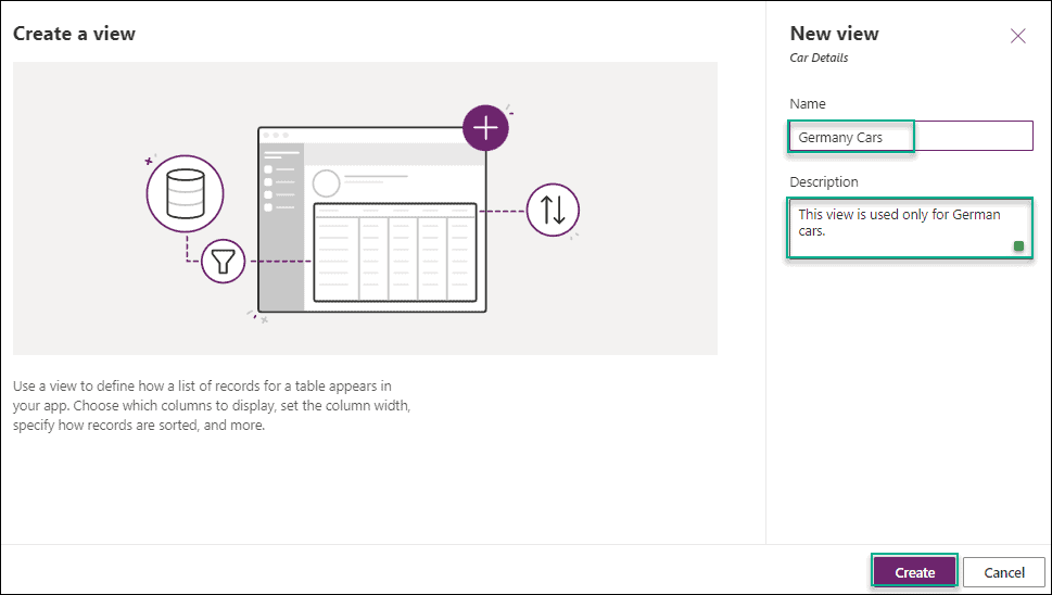 create view in dataverse table