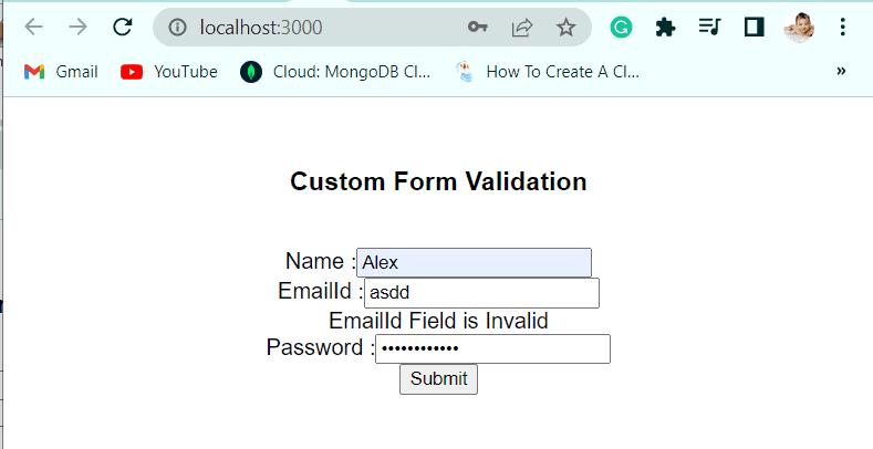 Custom form validation in react js class component