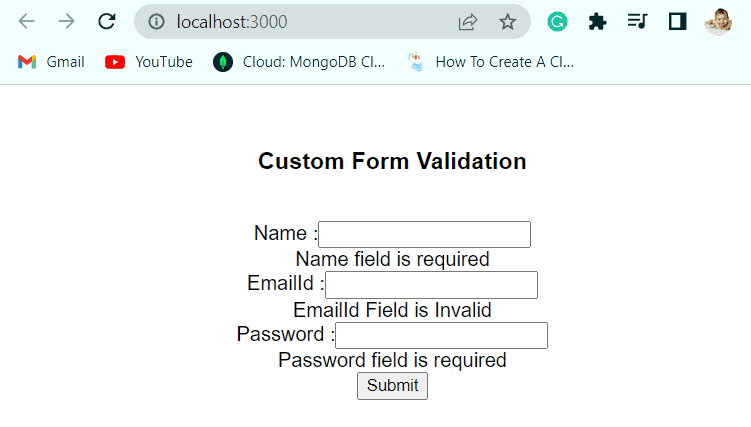 Custom form validation in react js