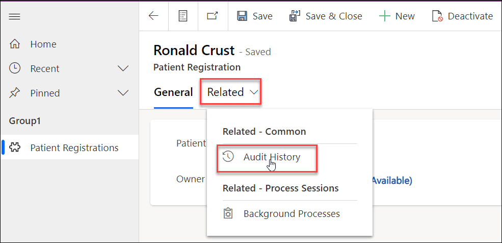 Dataverse audit history table