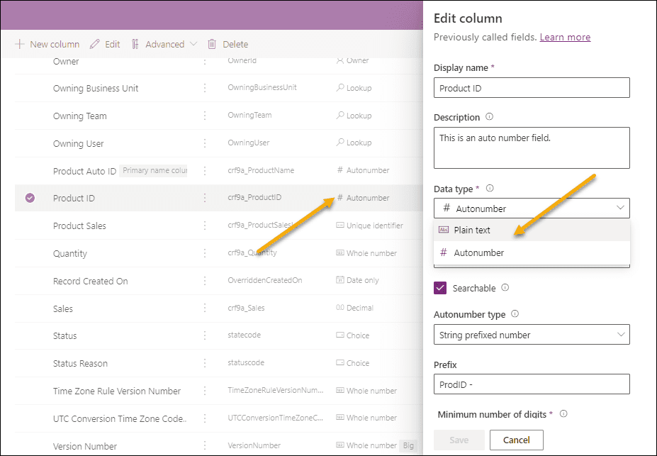 Dataverse autonumber primary column