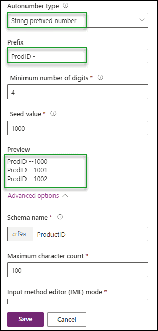 Dataverse create autonumber column