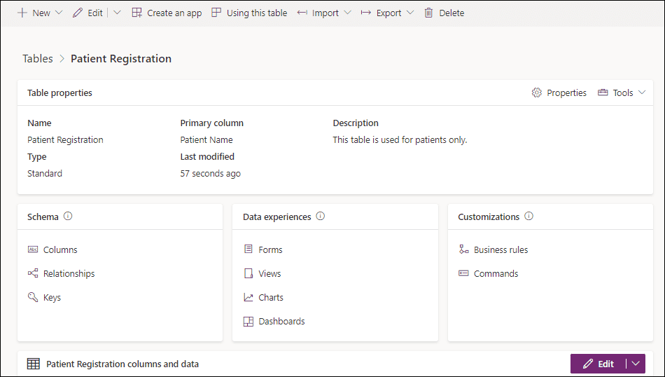 Dataverse create custom table