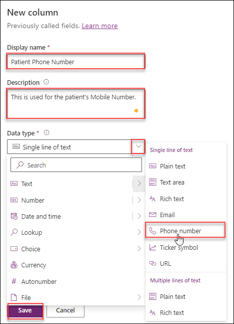 Dataverse Create Phone Number Column