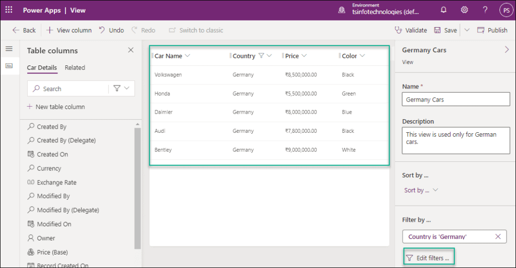 Dataverse filter table views