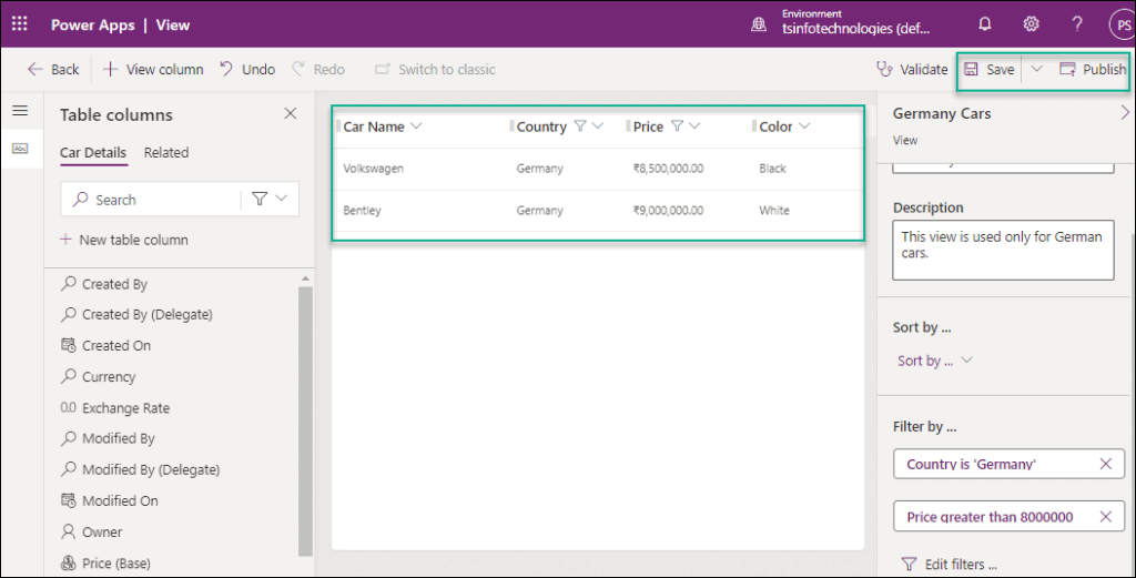 Dataverse filter view