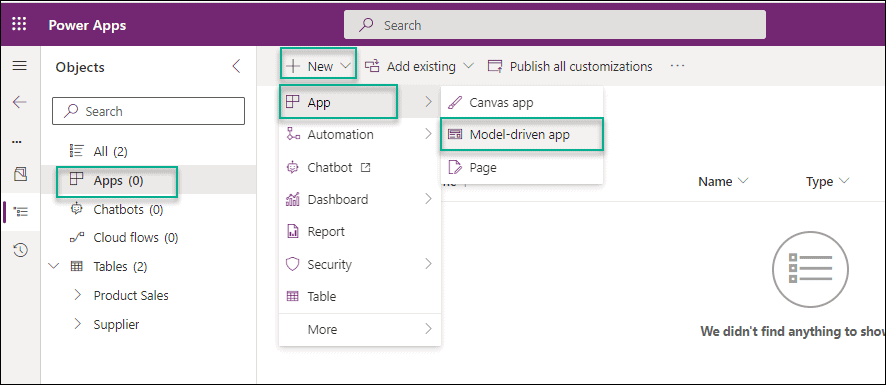 create model driven app in dataverse solution