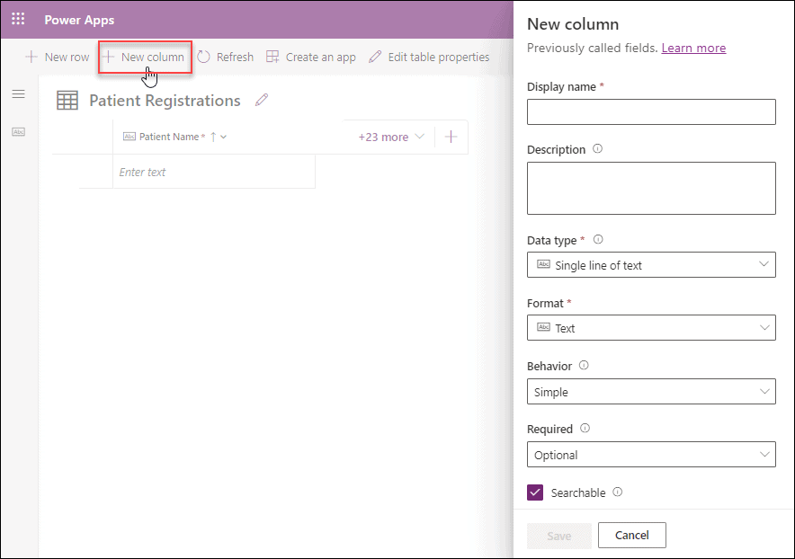 Dataverse Table create column