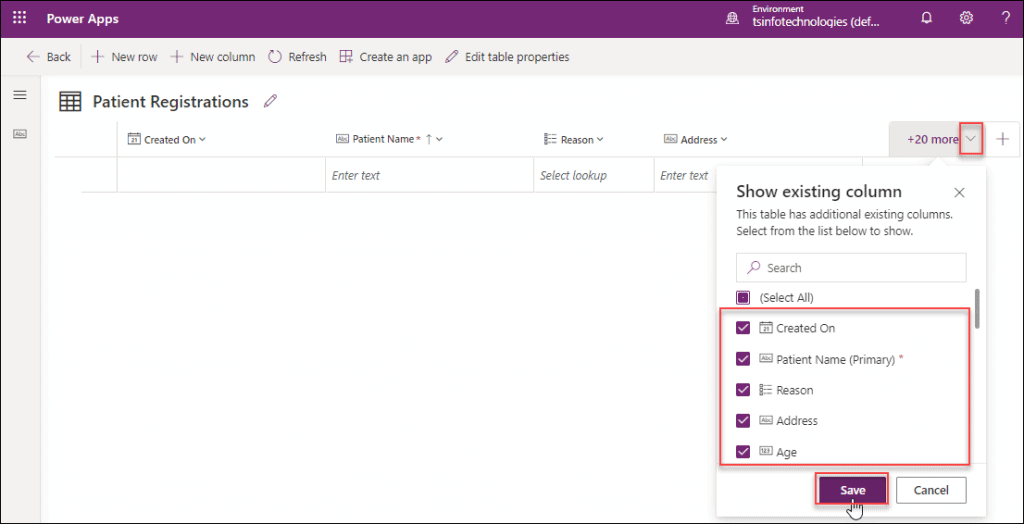 Dataverse Table create item