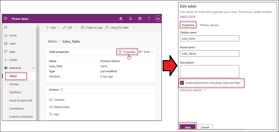 Dataverse table enable attachments