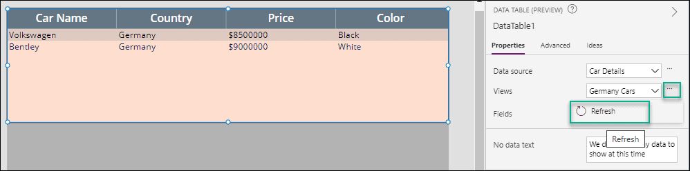 Dataverse View in Power Apps Datatable