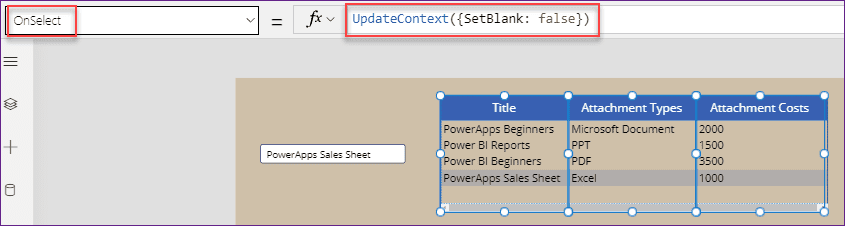 default select row in PowerApps data table