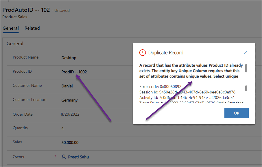 duplicate values in the Dataverse auto number field