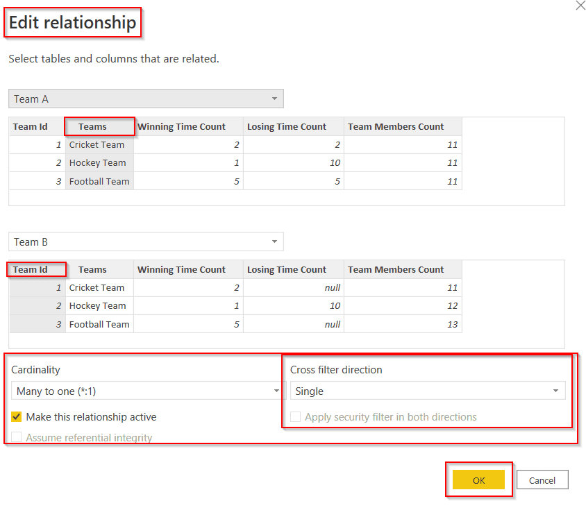 Example of a Power BI cross-filter direction