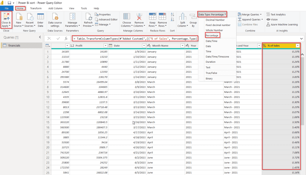 Example of percentage of total by category in Power Query