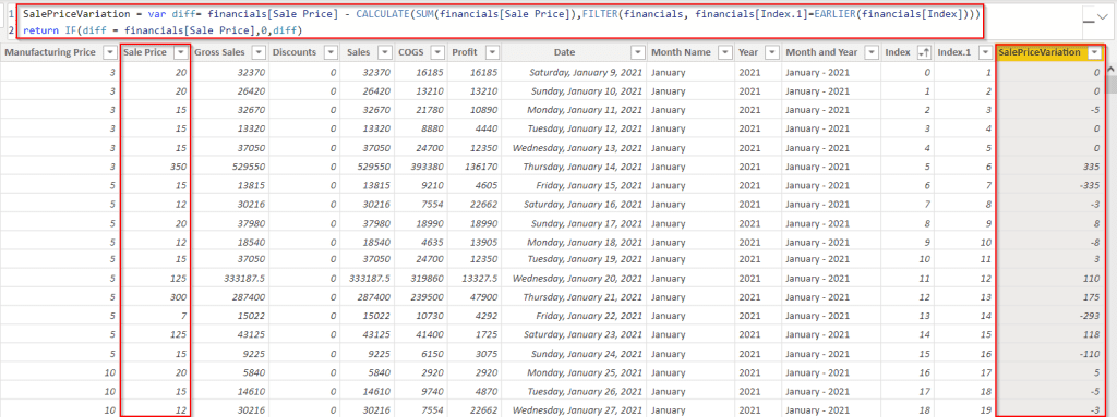 Example of Power BI calculates the percentage difference between two rows