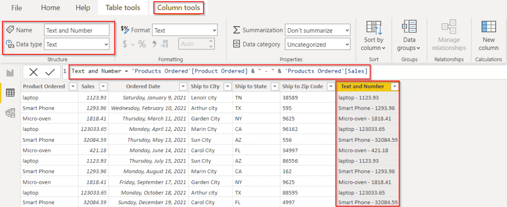 Example of Power BI Concatenate text and Number DAX