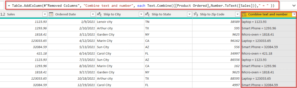 Example of Power BI custom column combines concatenate text and Number