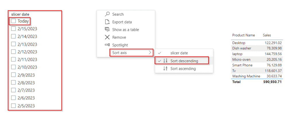 Example of Power Bi date slicer between a default to today