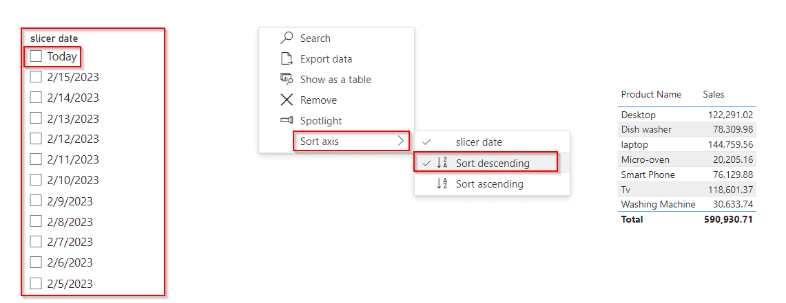 Power BI date slicer between a default to today