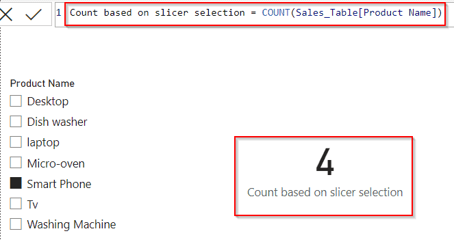 Example of Power BI DAX count slicer selection