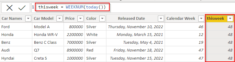 Example of Power BI DAX last calendar week