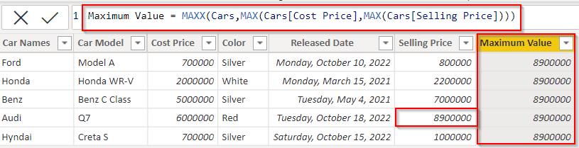 Example of Power BI DAX max of two columns