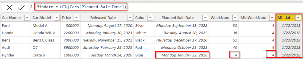 Example of Power BI DAX min date from week number