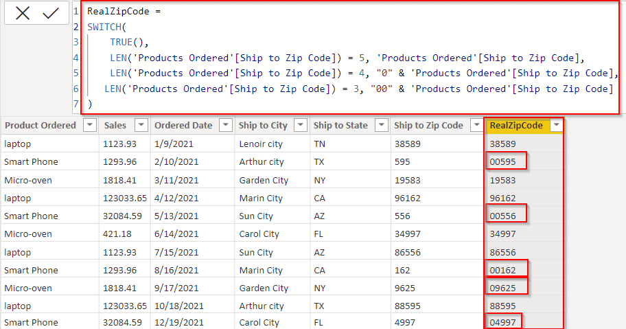 Example of Power BI Zip Code starting with 0