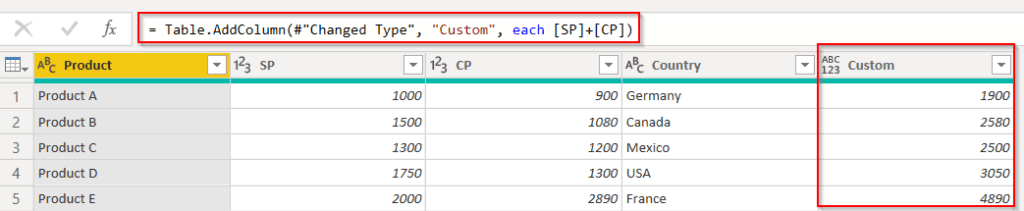 Example of Power query add column advance editor