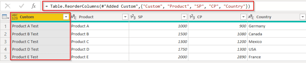 Example of Power query add column at the beginning