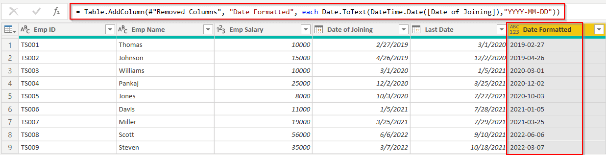 Example of Power query add column date format