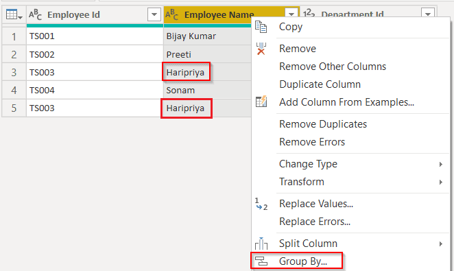 Example of Power query add column distinct count