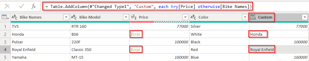 Example of Power query add column if an error