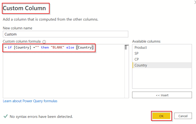 Example of Power query add column if blank