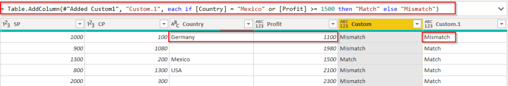 Example of Power query add column if or