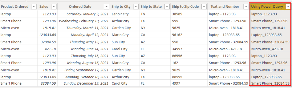 Example of Power Query concatenate text and Number