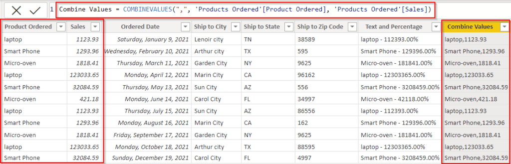 Example of Power Query concatenates text and Number